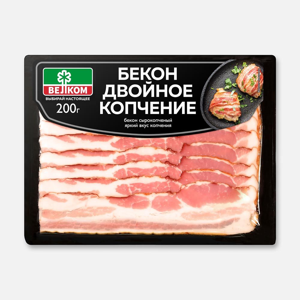 Изображение товара Сырокопчёный бекон Велком, Двойное копчение, на дубовой щепе, нарезка, 200 г