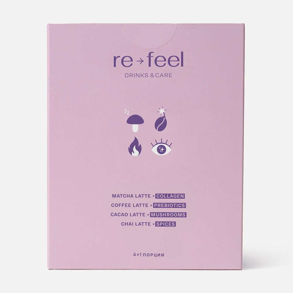 Изображение товара Ассорти напитки re-feel, матча, кофе, чай, какао, 4 саше