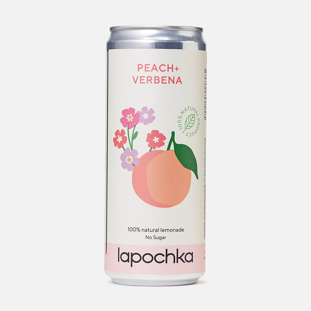 Изображение товара Напиток Lapochka, без сахара, с соком, персик и вербена, с газом, 0,33 л