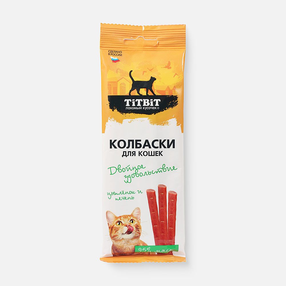 Изображение товара Колбаски Titbit Двойное удовольствие, для кошек, с цыплёнком и печенью, 45 г