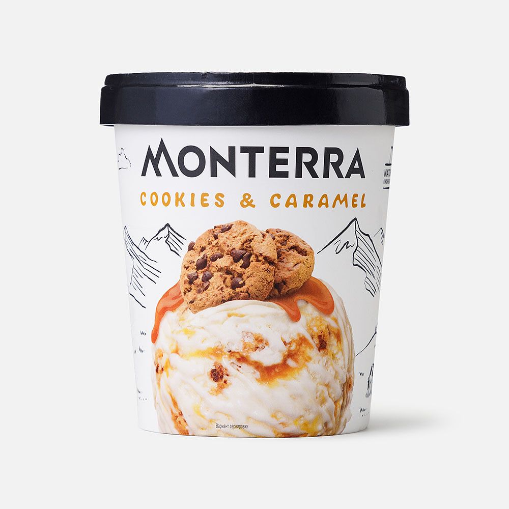 Изображение товара Мороженое Monterra, с карамельным сиропом и кусочками печенья, в ведёрке, 298 г
