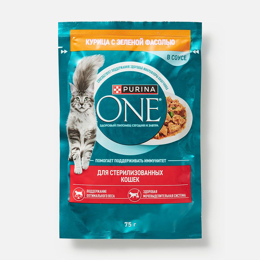 Изображение товара Влажный корм Purina One, для стерилизованных кошек, с курицей и зелёной фасолью, 75 г