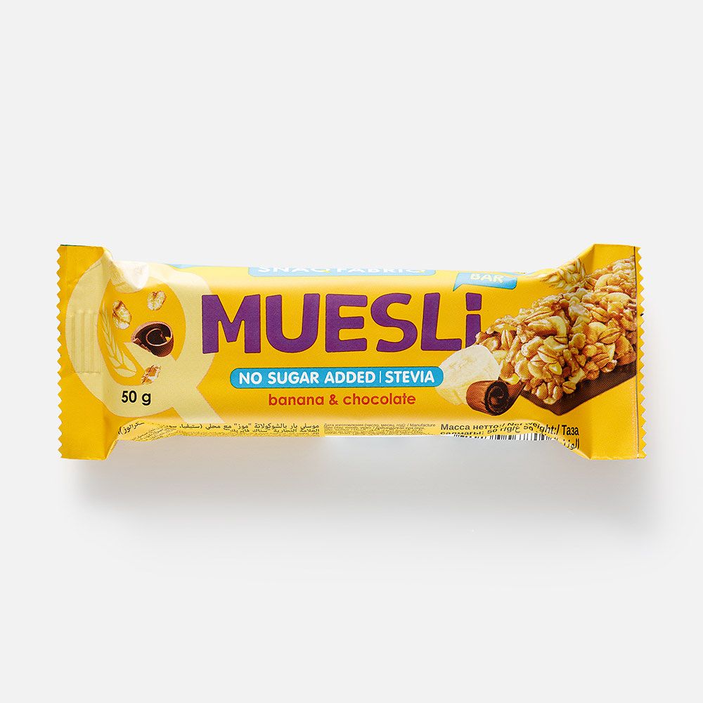 Изображение товара Батончик Snaq Fabriq Muesli, без сахара, банан и молочный шоколад, 50 г