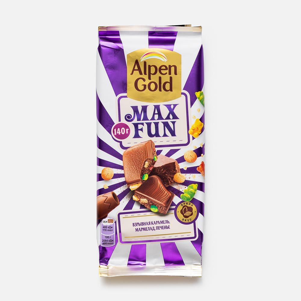 Изображение товара Молочный шоколад Alpen Gold, Max Fun, взрывная карамель, мармелад и печенье, 140 г