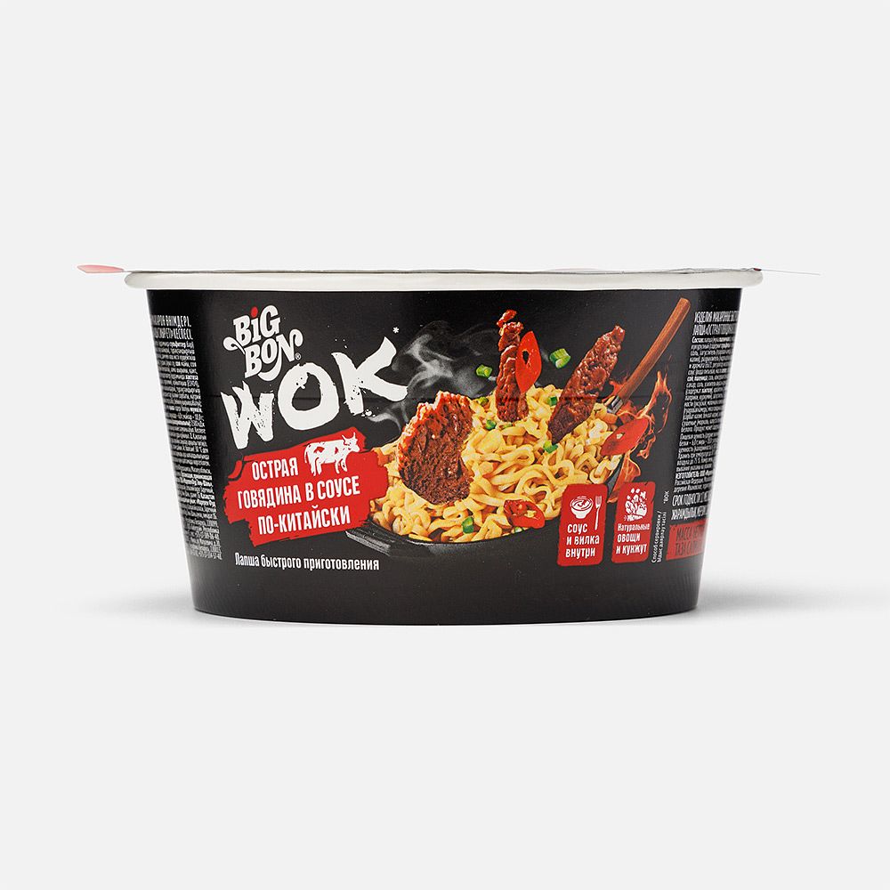 Изображение товара Лапша BigBon Wok, острая говядина в соусе по-китайски, быстрого приготовления, 85 г