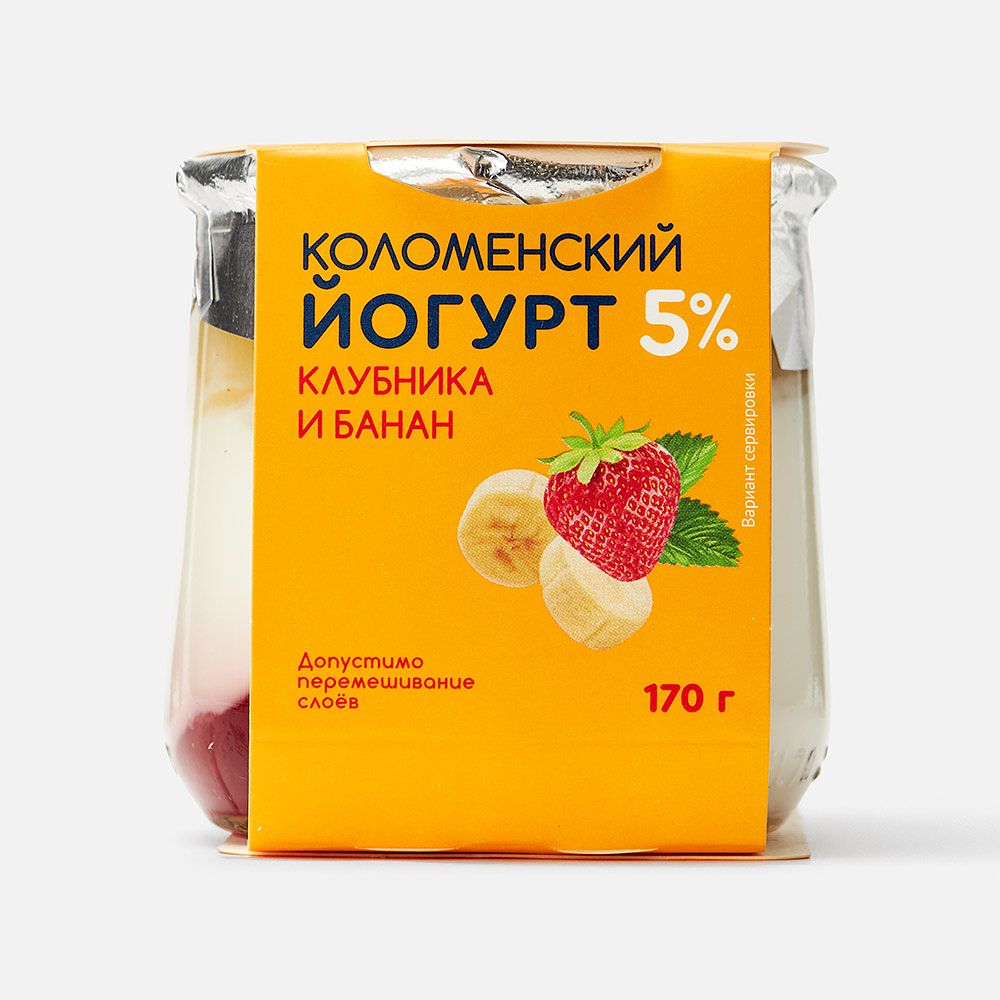 Изображение товара Йогурт Коломенский клубника и банан, 5%, в стекле, 170 г