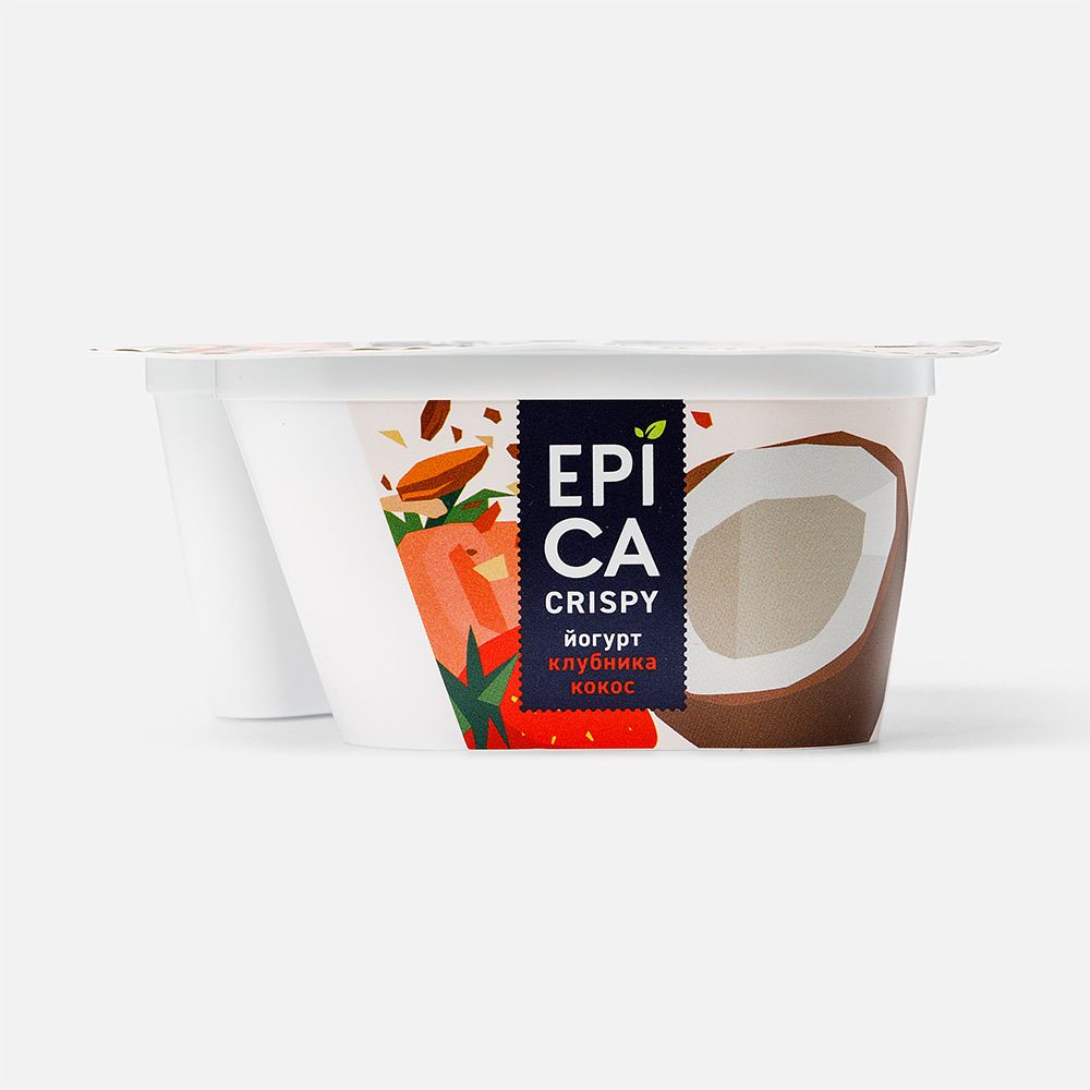 Изображение товара Йогурт Epica crispy Клубника и кокос, с миндалём, кокосовым печеньем, белый шоколад, 7,3%, 138 г