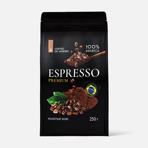 Изображение товара Кофе молотый De Janeiro Espresso Premium 100% Арабика, Бразилия Сул Де Минас 250 г