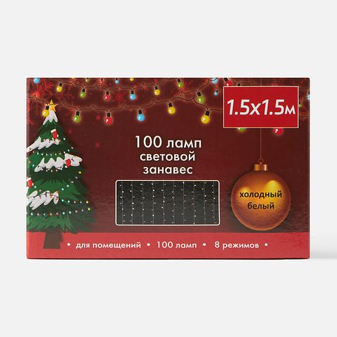Изображение товара Гирлянда электрическая, световой занавес, 1,5x1,5 м, 100 ламп, холодный, белый свет, LS004