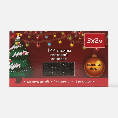 Изображение товара Гирлянда электрическая, световой занавес, 3x2 м, 144 лампы, холодный, белый свет, LS001