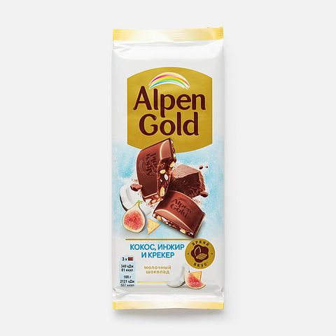 Изображение товара Молочный шоколад Alpen Gold, c инжиром, кокосовой стружкой и солёным крекером, 80 г