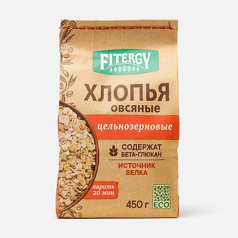 Изображение товара Овсяные хлопья Fitergy, цельнозерновые, 450 г