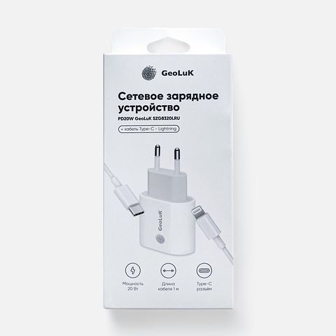Изображение товара Сетевое зарядное устройство GeoLuK, PD20W, Type-C и Lightning