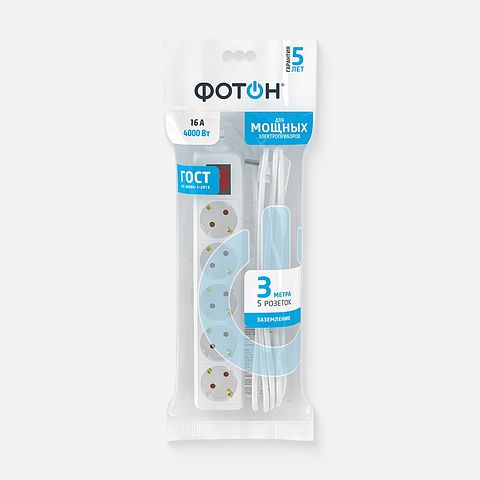 Изображение товара Удлинитель Фотон сетевой 16-35ЕS, 3 м, 5 розеток, с заземлением, белый, 1 шт.