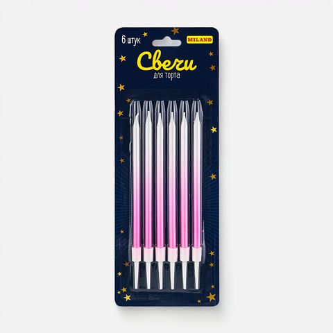 Изображение товара Серебристо-розовые свечи для торта Miland, яркий праздник, 6 шт.