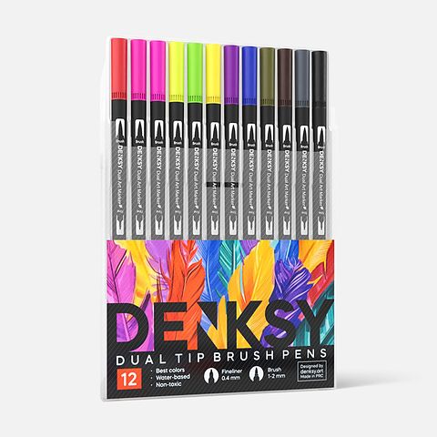 Изображение товара Двусторонние маркеры Denksy, кисть и линер, корпус чёрный, 12 шт.