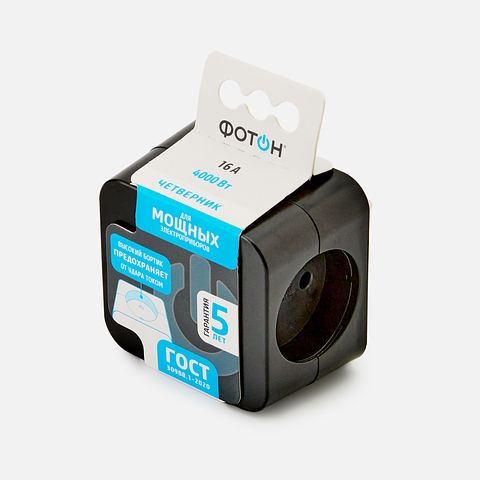 Изображение товара Разветвитель электрический четверник, куб Фотон АМ 16-4, 16А, чёрный, 25410, 1 шт.