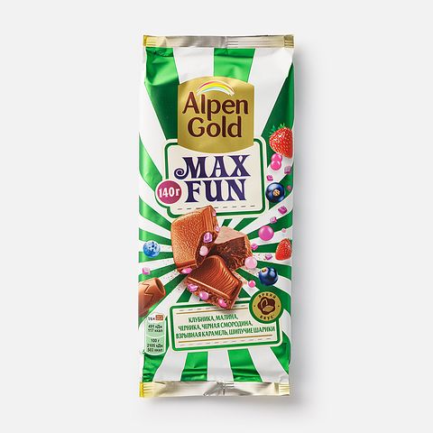Изображение товара Молочный шоколад Alpen Gold Max Fun, с ягодными кусочками, взрывной карамелью и шипучими шариками, 140 г