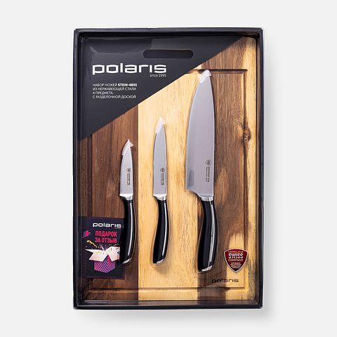 Изображение товара Набор стальных ножей Polaris, Stein-4BSS, с разделочной доской, чёрный, дерево, 4 предмета