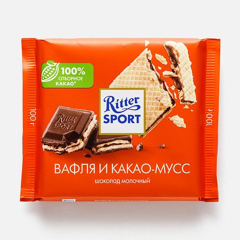 Изображение товара Молочный шоколад Ritter Sport, вафля и какао-мусс, 100 г