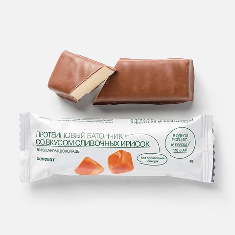 Изображение товара Протеиновый батончик Самокат, без сахара, сливочные ириски, в молочном шоколаде, 40 г