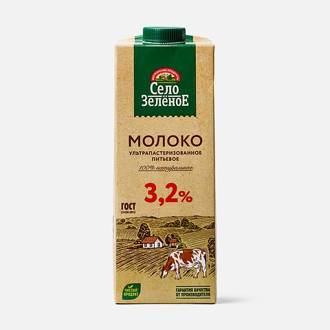 Изображение товара Молоко Село Зелёное, 3,2%, ультрапастеризованное, 950 мл
