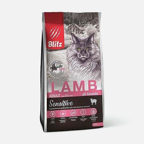 Изображение товара Сухой корм Blitz, для взрослых кошек, с 12 месяцев, с ягнёнком, 400 г