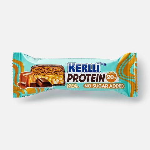 Изображение товара Батончик Slice of Joy Kerlli, 20% протеина, без сахара, глазированный, солёная карамель, 45 г