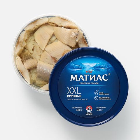 Изображение товара Сельдь Санта Бремор, Матиас XXL, кусочки филе, слабосолёная, в масле, 400 г