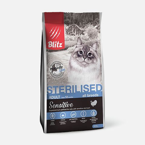 Изображение товара Сухой корм Blitz, для стерилизованных кошек, с 12 месяцев, с индейкой, 400 г