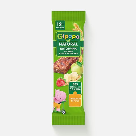 Изображение товара Злаково-фруктовый батончик Gipopo, с яблоком, бананом, и клубникой, с 12 месяцев, 20 г