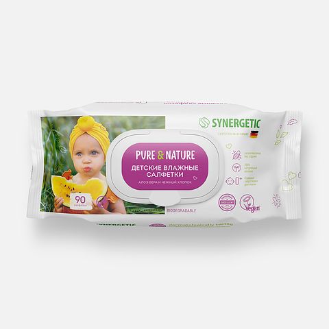 Изображение товара Влажные салфетки Synergetic Pure & Nature, детские, алоэ вера и нежный хлопок, с клапаном, 90 шт.