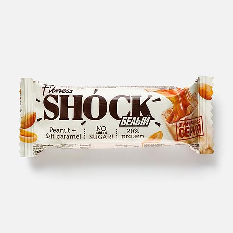 Изображение товара Батончик FitnesShock, 20% протеина, без сахара, арахис и солёная карамель, 50 г