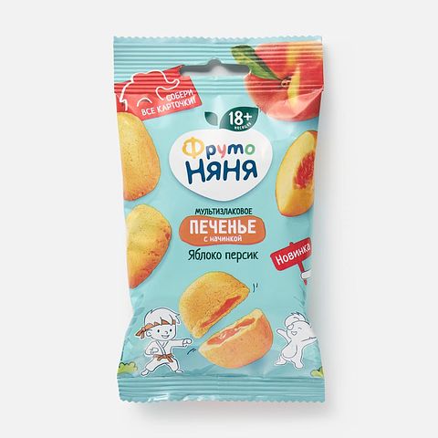 Изображение товара Детское печенье ФрутоНяня, мультизлаковое, с начинкой из яблока и персика, с 18 месяцев, 50 г