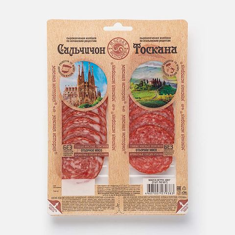 Изображение товара Ассорти сырокопчёных колбас Мясная история, Сальчичон и Тоскана, нарезка, 100 г