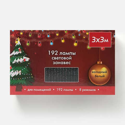 Изображение товара Гирлянда электрическая, световой занавес, 3x3 м, 192 лампы, холодный, белый свет, LS002