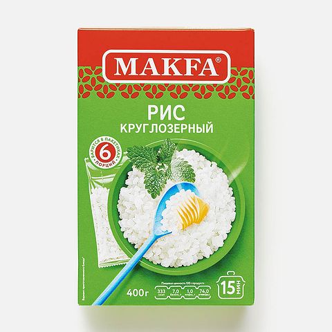 Изображение товара Рис Makfa, круглозёрный, шлифованный, в пакетиках для варки, 6x66,5 г