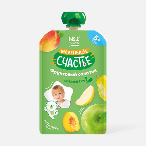 Изображение товара Из Беларуси: Пюре Маленькое счастье, без сахара, фруктовый салатик, с 5 месяцев, 90 г