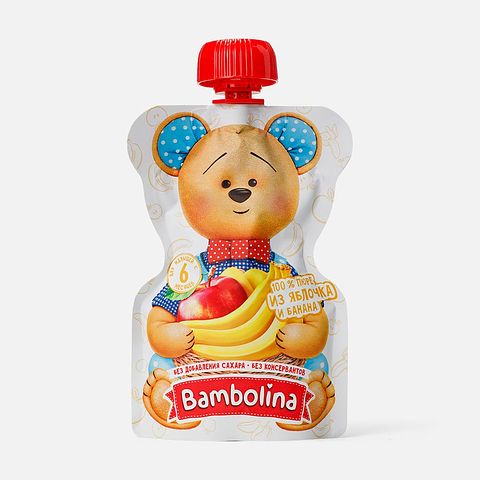 Изображение товара Из Беларуси: Пюре Bambolina, без сахара, яблоко и банан, с 6 месяцев, 100 г