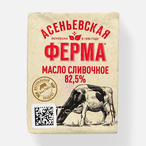 Изображение товара Сладкосливочное масло Асеньевская ферма, 82,5%, традиционное, несолёное, 180 г
