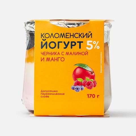 Изображение товара Йогурт Коломенский черника, малина и манго, 5%, в стекле, 170 г
