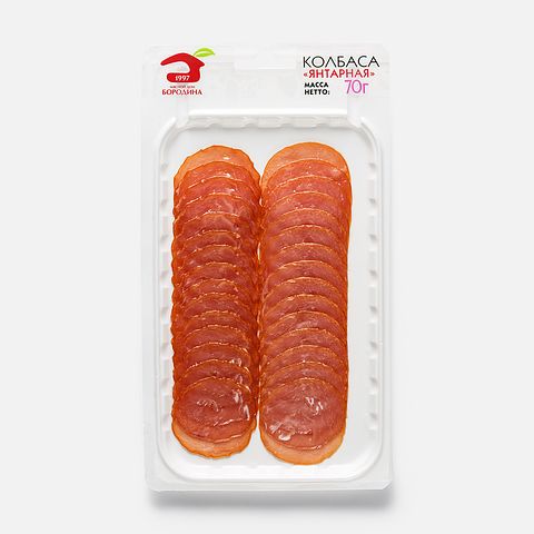 Изображение товара Сырокопчёная колбаса Мясной дом Бородина, Янтарная, из индейки, нарезка, 70 г