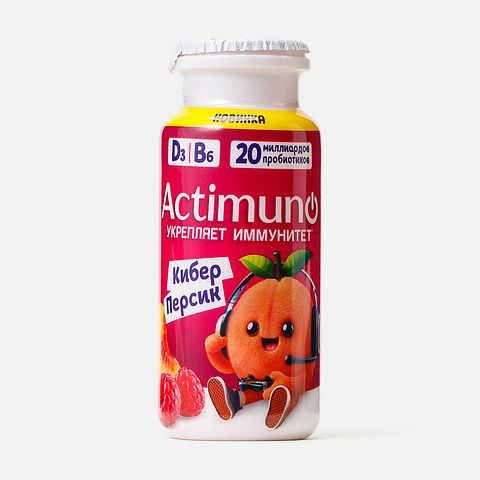 Изображение товара Кисломолочный напиток Actimuno, Кибер Персик, 1,5%, с персиком и малиной, с 3 лет, 95 г