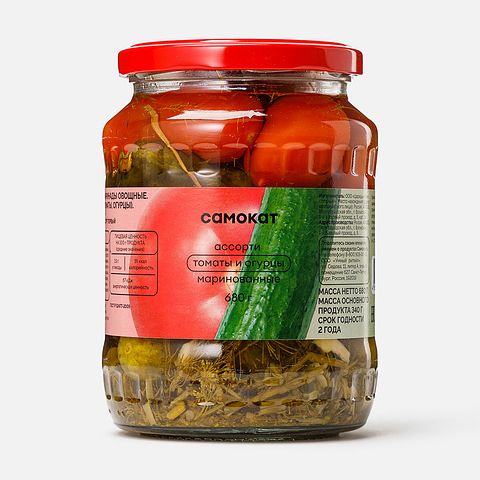 Изображение товара Ассорти Самокат томаты и огурцы, маринованные, 680 г