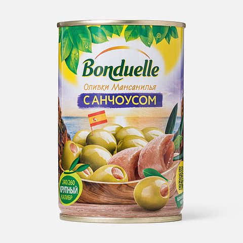 Изображение товара Оливки Bonduelle, Мансанилья, с анчоусом, 300 г