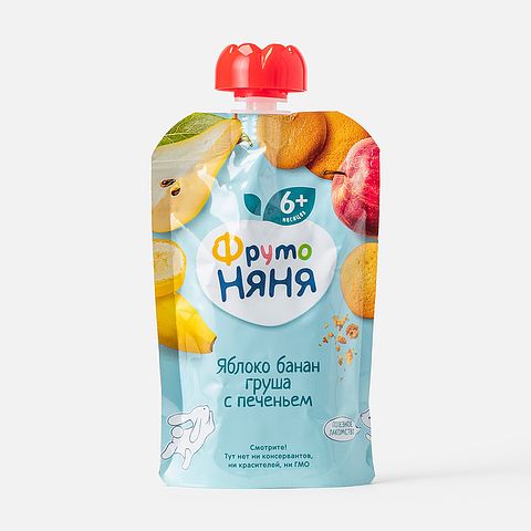 Изображение товара Пюре ФрутоНяня, яблоко, банан, груша и печенье, с 6 месяцев, 90 г