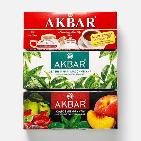 Изображение товара Ассорти чая Akbar, классический чёрный, садовые фрукты и зелёный, в пакетиках, 3x25 шт.