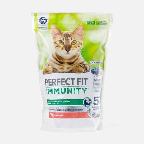 Изображение товара Сухой корм Perfect Fit Immunity, для кошек, с говядиной, голубикой и семенами льна, 580 г