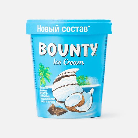 Изображение товара Мороженое Bounty, с кокосовым молоком, мякотью кокоса и молочным шоколадом, в ведёрке, 272 г